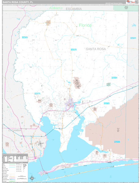 Santa Rosa County, FL Wall Map Premium Style